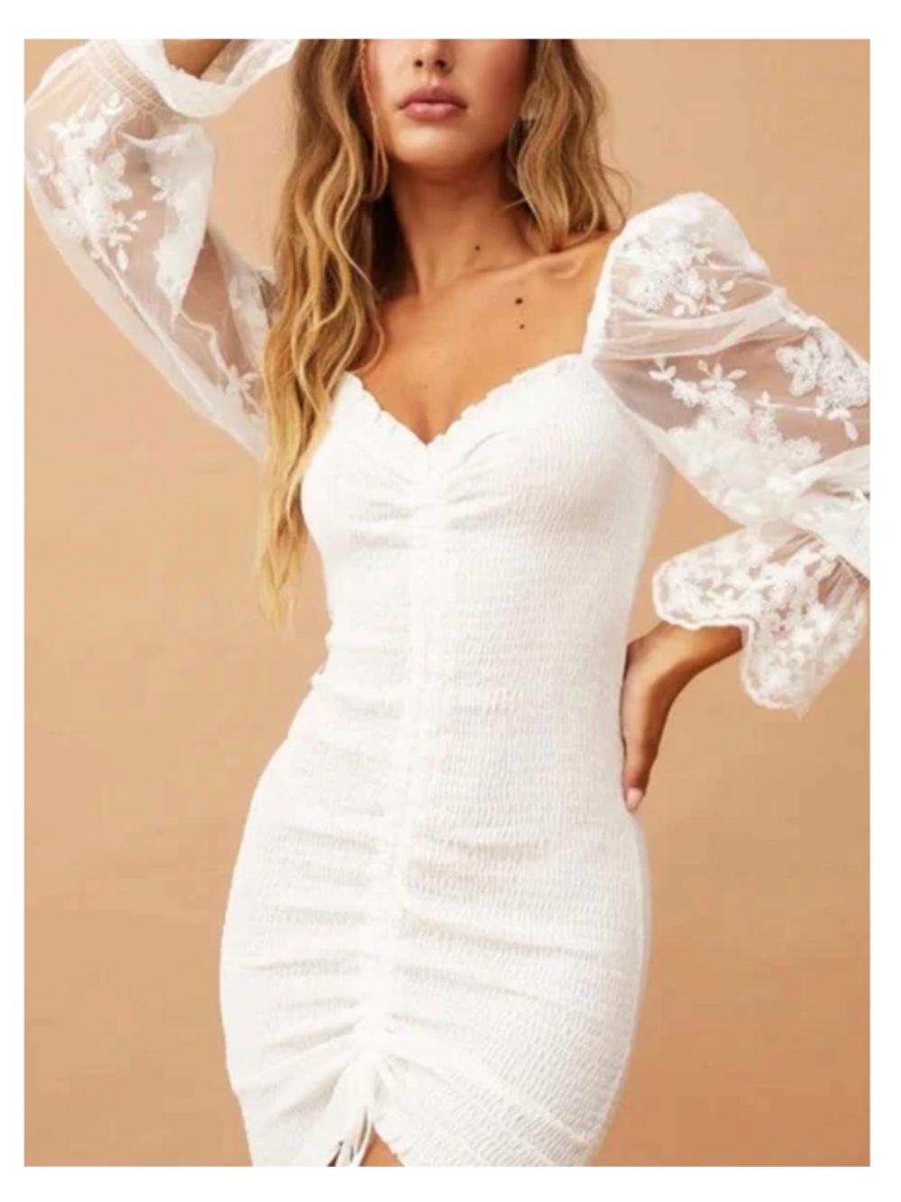 White Puff-Sleeve Ruched Mini Dress